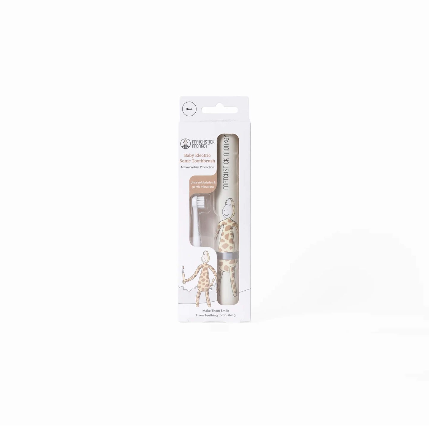 A baby electric toothbrush in its retail packaging with a clear window showing the brush handle, spare head and illustrated giraffe-print tube.