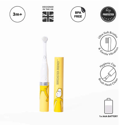 A baby electric toothbrush with ultra-soft bristles displayed beside its yellow storage tube, surrounded by icons showing age suitability, BPA-free material, antimicrobial protection and battery use.