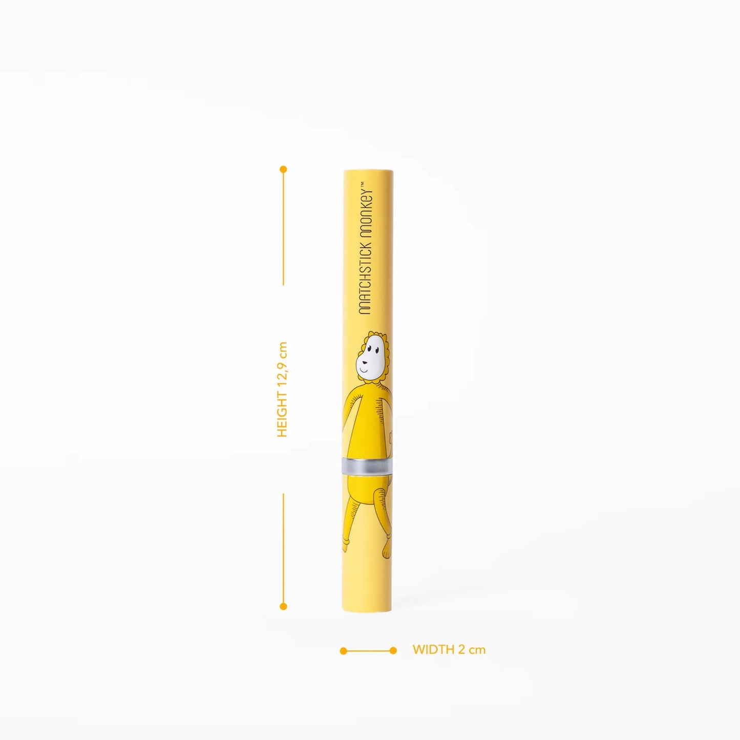A tall cylindrical toothbrush tube with a yellow lion illustration shown upright with height and width measurements provided alongside.
