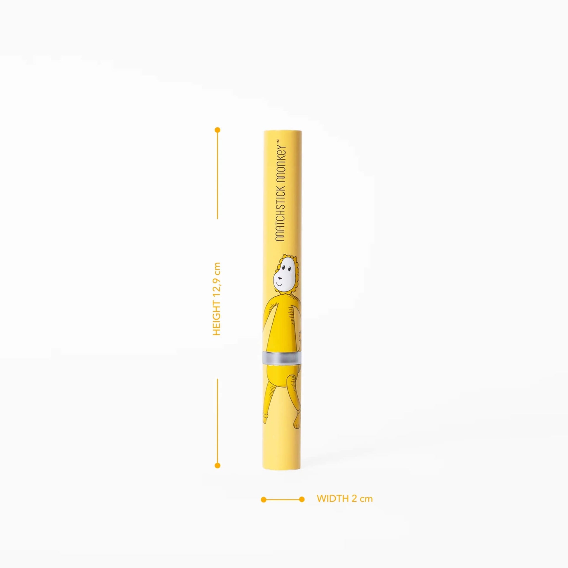 A tall cylindrical toothbrush tube with a yellow lion illustration shown upright with height and width measurements provided alongside.