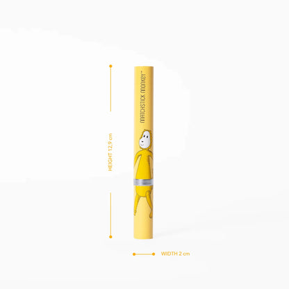 A tall cylindrical toothbrush tube with a yellow lion illustration shown upright with height and width measurements provided alongside.