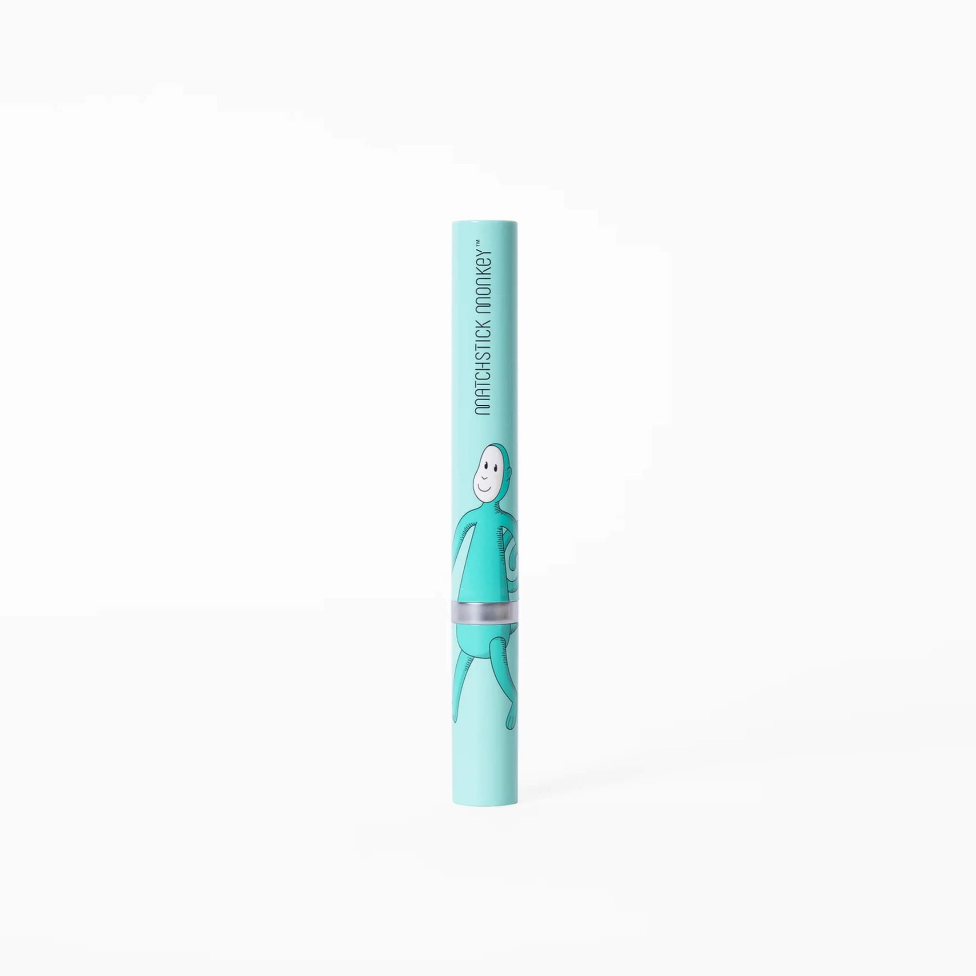 Matchstick Monkey Electric Sonic Toothbrush shown inside its turquoise storage tube featuring the playful monkey character design.