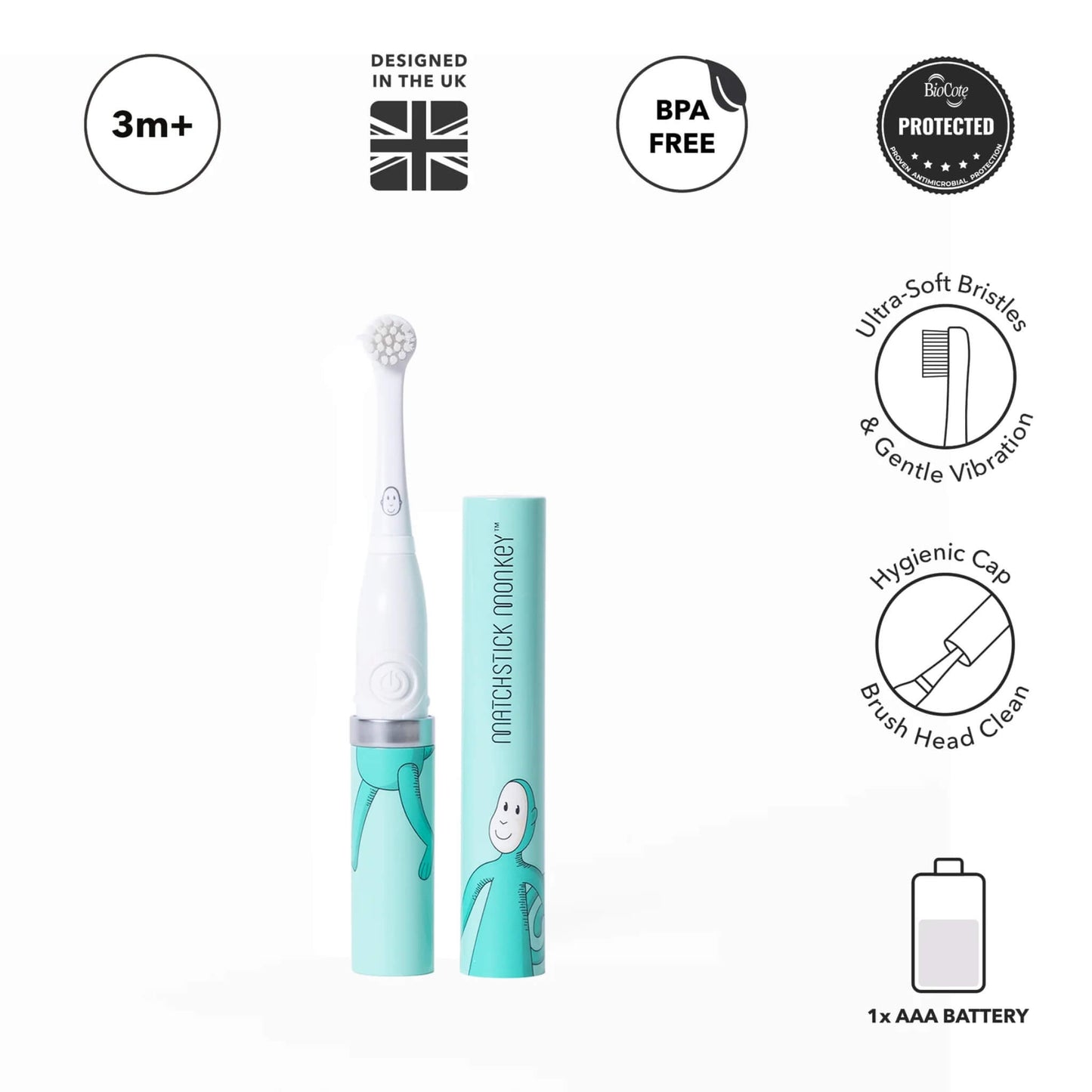 A baby electric toothbrush with soft bristles displayed beside a turquoise storage tube, shown with icons highlighting gentle vibration, age suitability and BPA-free materials.