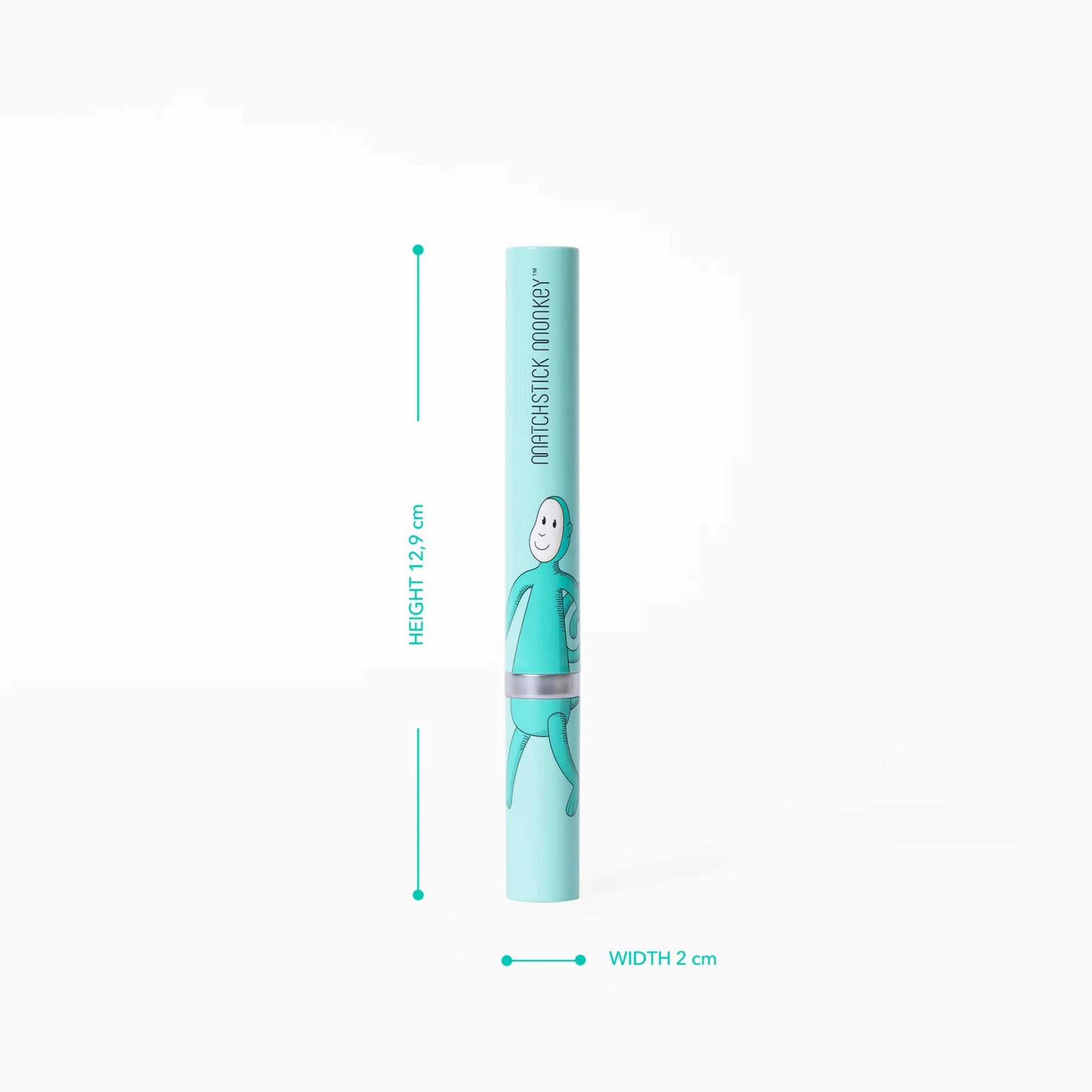 A cylindrical turquoise toothbrush tube with a monkey illustration shown upright alongside height and width measurements.