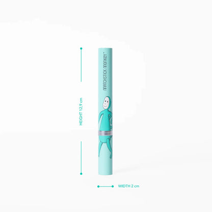 A cylindrical turquoise toothbrush tube with a monkey illustration shown upright alongside height and width measurements.