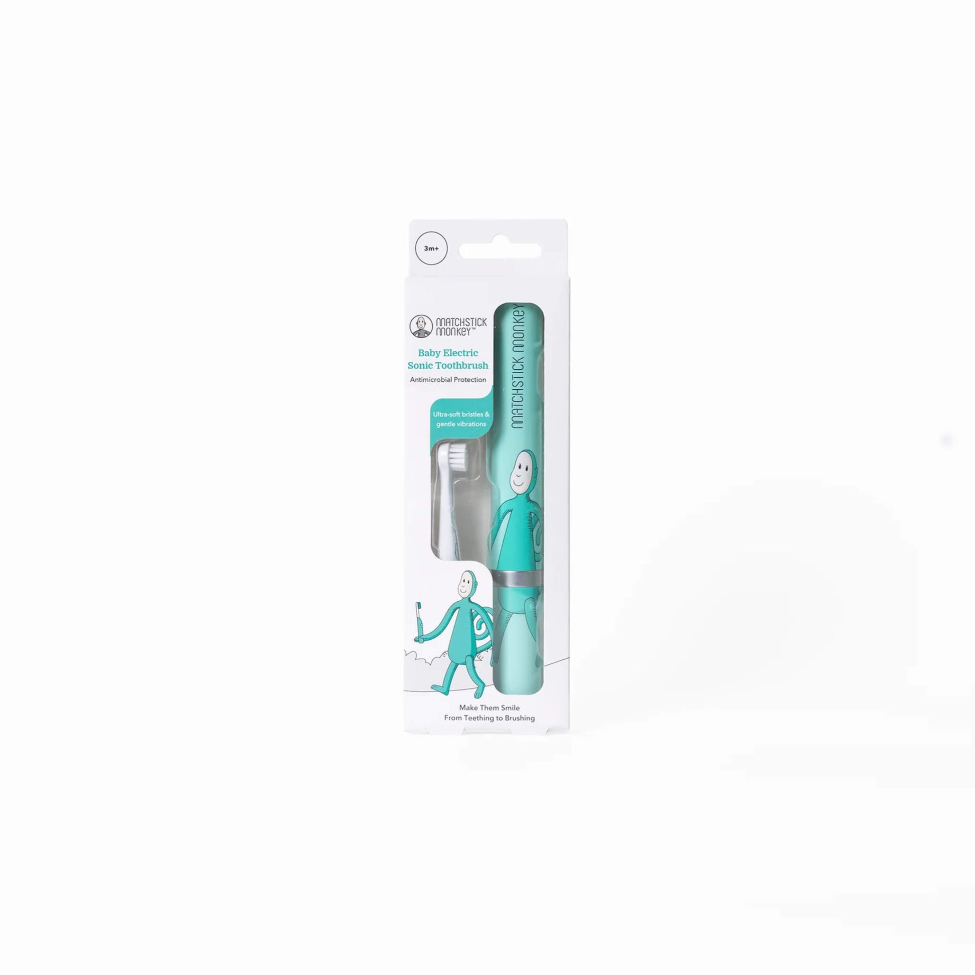 A retail pack containing a baby electric toothbrush and a spare brush head, presented in clear packaging with illustrated turquoise character design.
