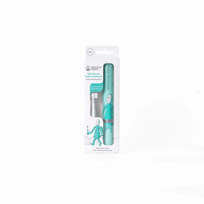 A retail pack containing a baby electric toothbrush and a spare brush head, presented in clear packaging with illustrated turquoise character design.