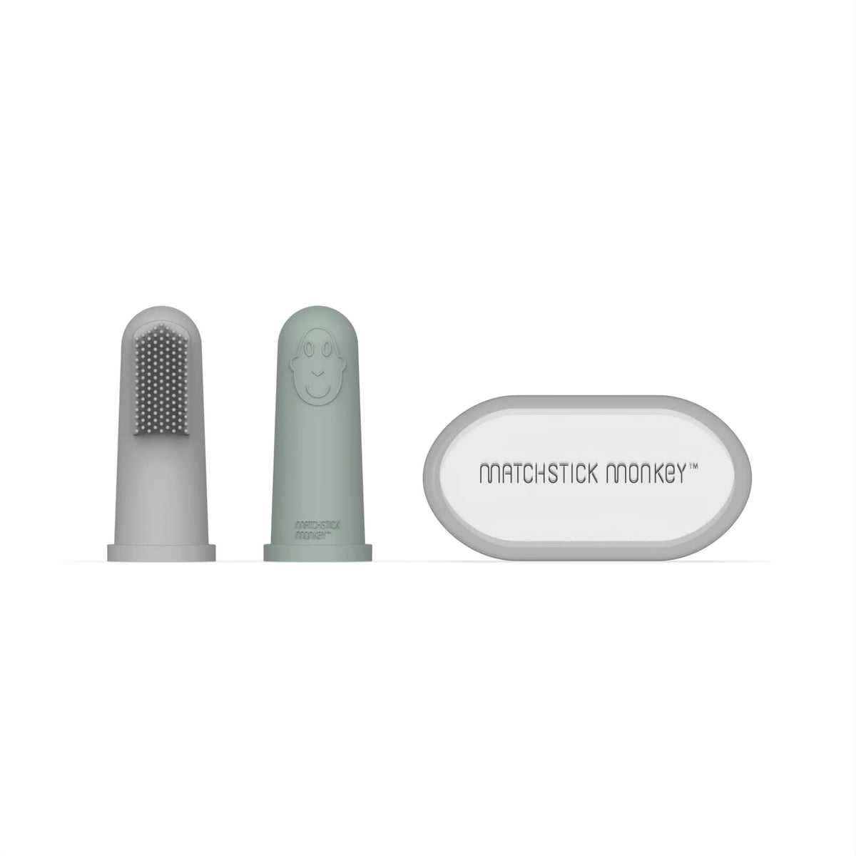 Matchstick Monkey Finger Toothbrush set in mint green and grey with two silicone finger brushes and a storage case.