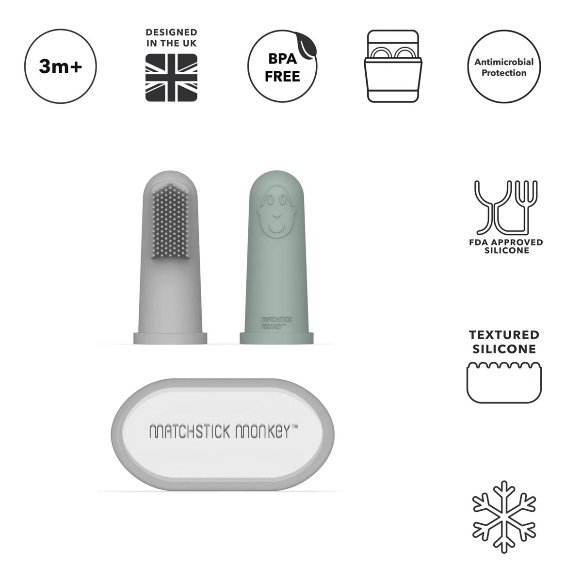 Mint green and grey silicone finger toothbrushes with storage case, showing product features and suitability from 3 months.