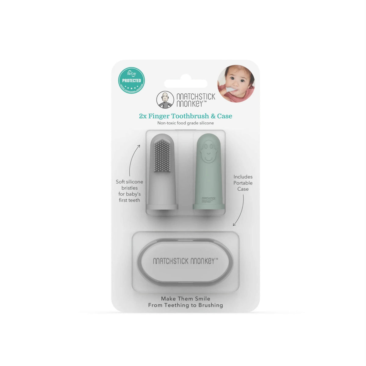 Packaged set of two silicone baby finger toothbrushes in mint green and grey with a portable storage case.
