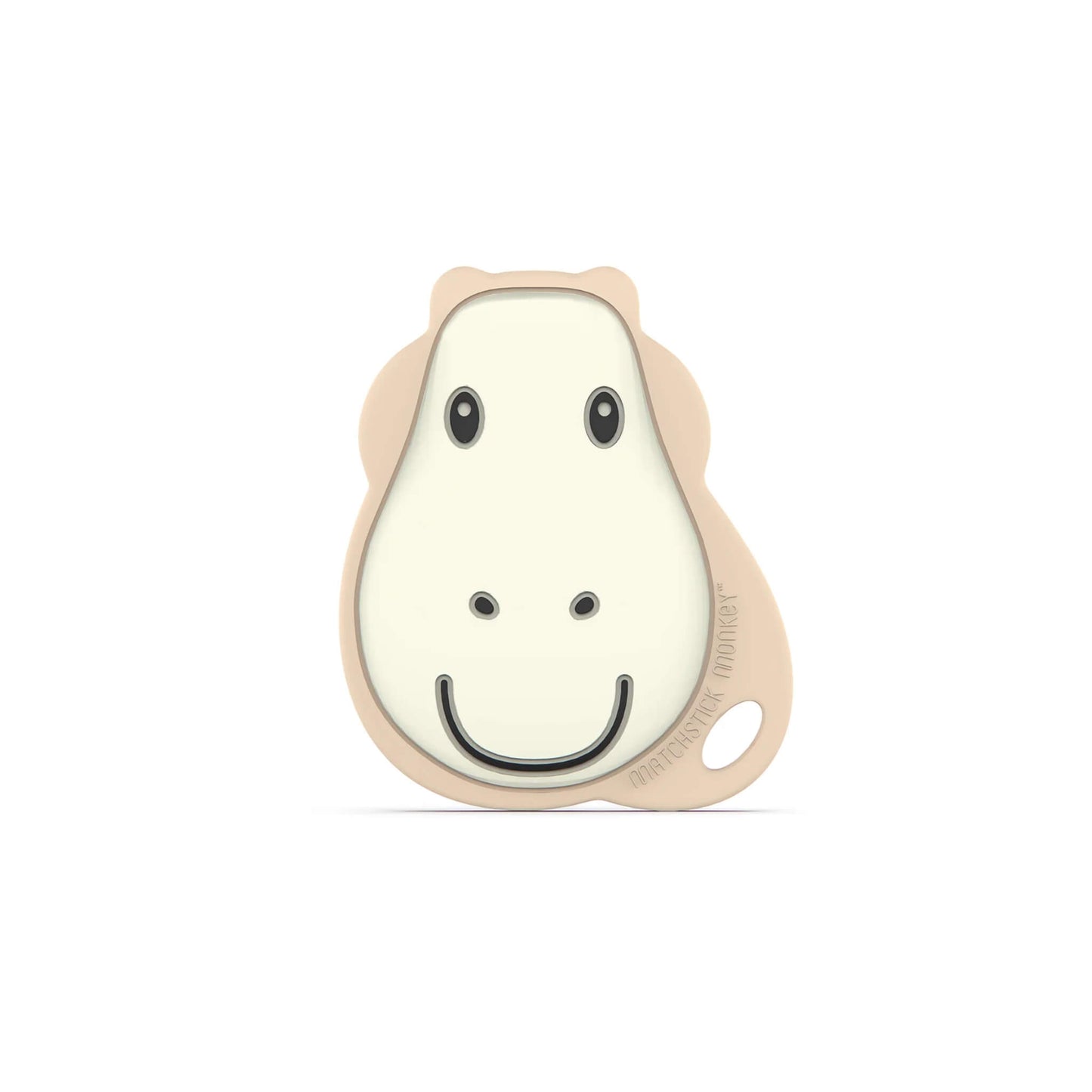 Matchstick Monkey Flat Giraffe Teether shown upright with its soft silicone giraffe face and smooth rounded shape designed for soothing teething babies.