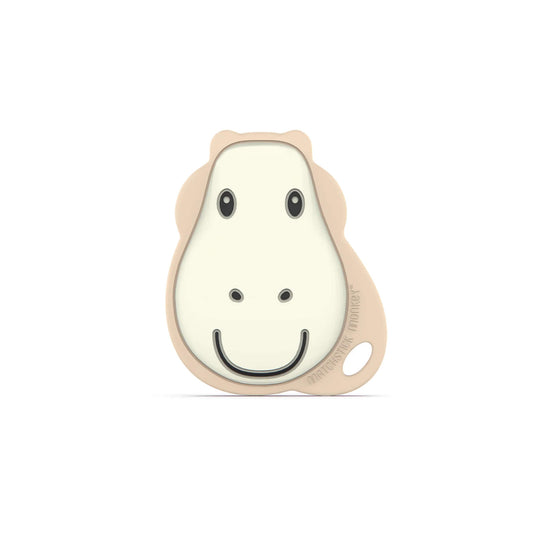 Matchstick Monkey Flat Giraffe Teether shown upright with its soft silicone giraffe face and smooth rounded shape designed for soothing teething babies.