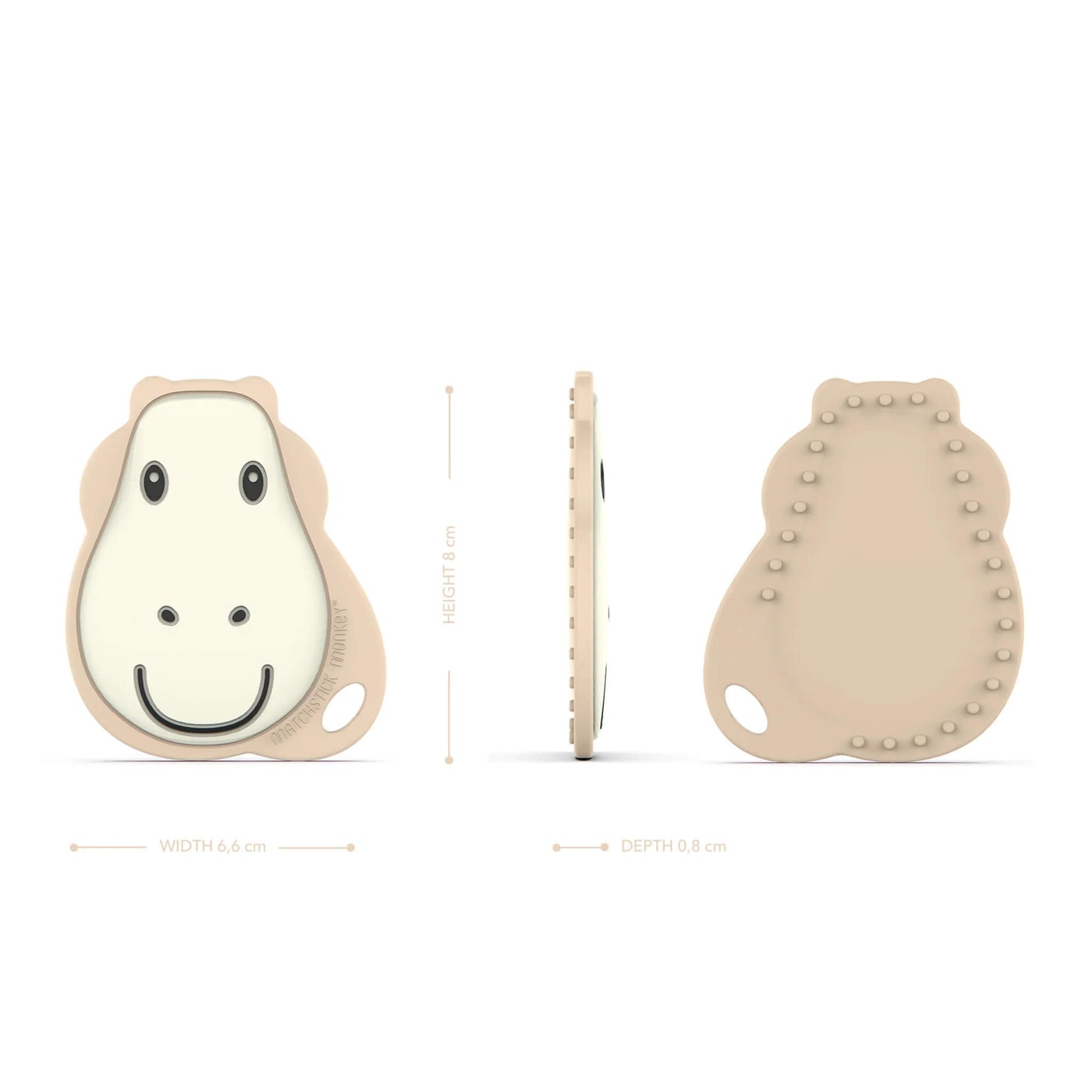 Front, side and back views of a flat giraffe-shaped teether with raised massage beads on the reverse side.