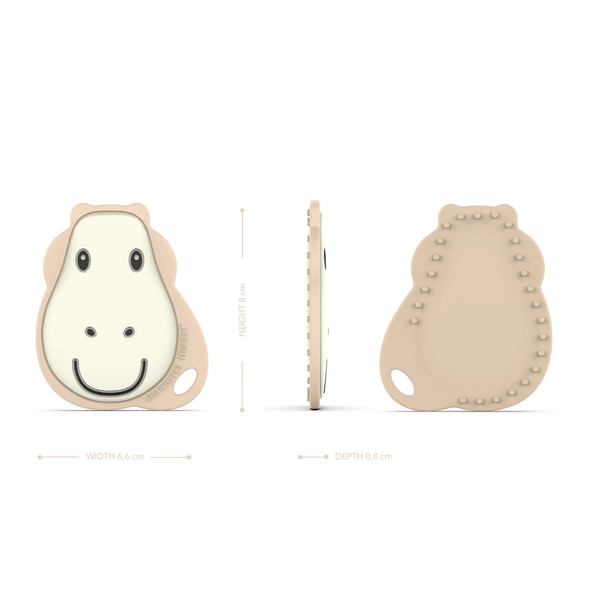 Front, side and back views of a flat giraffe-shaped teether with raised massage beads on the reverse side.