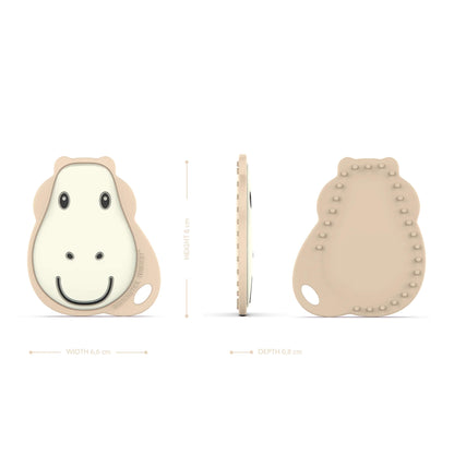 Front, side and back views of a flat giraffe-shaped teether with raised massage beads on the reverse side.
