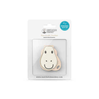 Flat giraffe teether displayed inside clear retail packaging with printed product information.