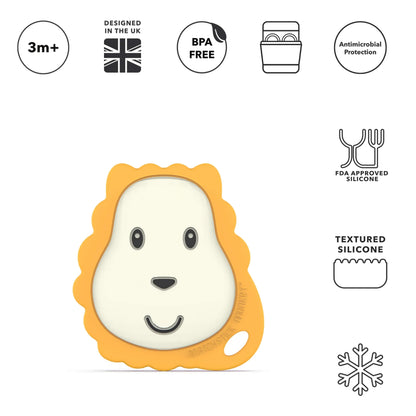 A lion-shaped children's teether shown beneath a row of icons indicating BPA-free material, antimicrobial protection, dishwasher compatibility, textured surface, and suitability from three months.