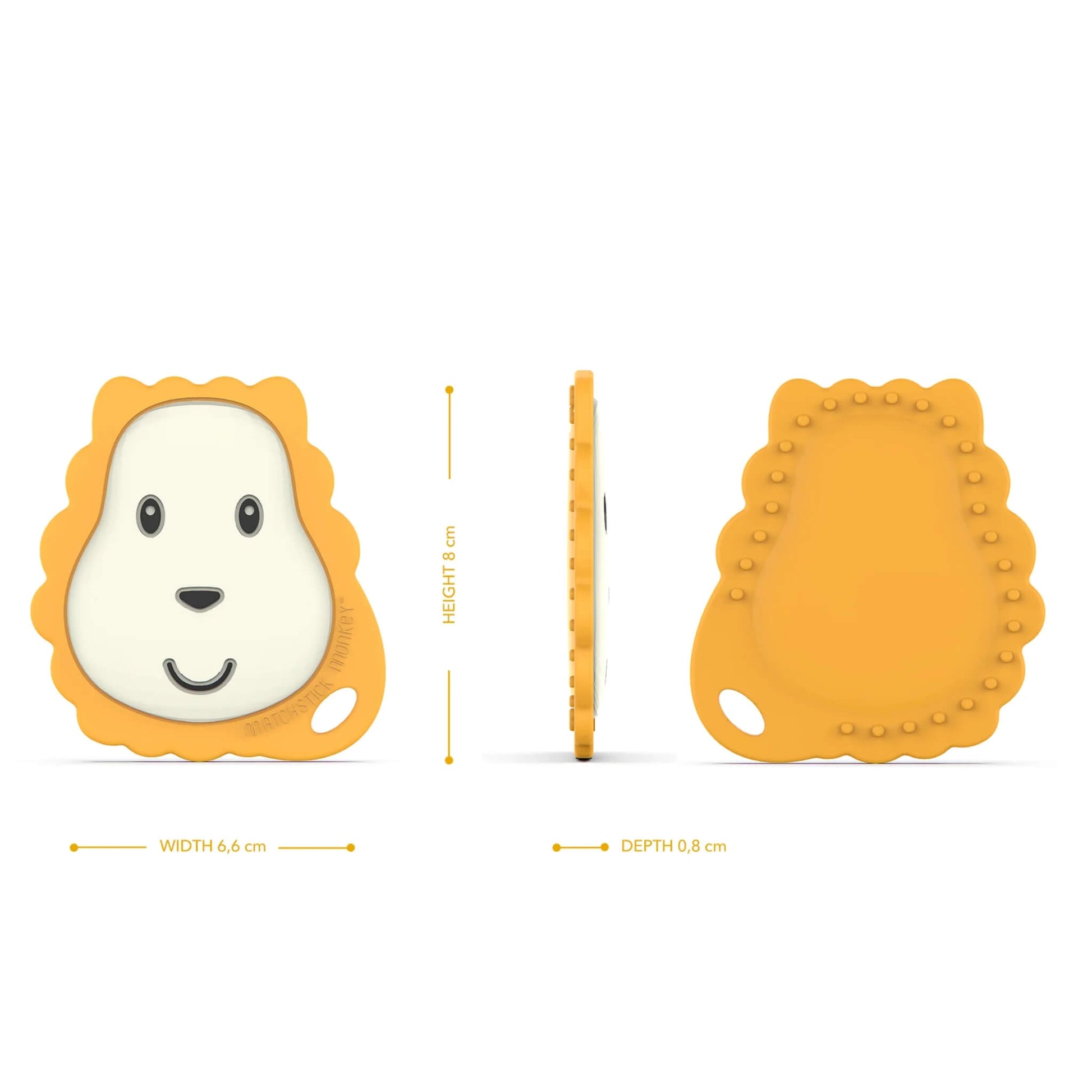 A front, side and back view of a lion-shaped flat silicone teether, with measurements for height, width and depth displayed alongside each angle.