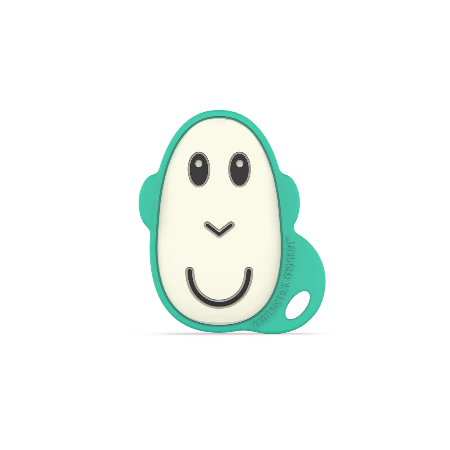 Matchstick Monkey Flat Face Teether Monkey shown as a flat silicone baby teether in a pale cream and teal design.