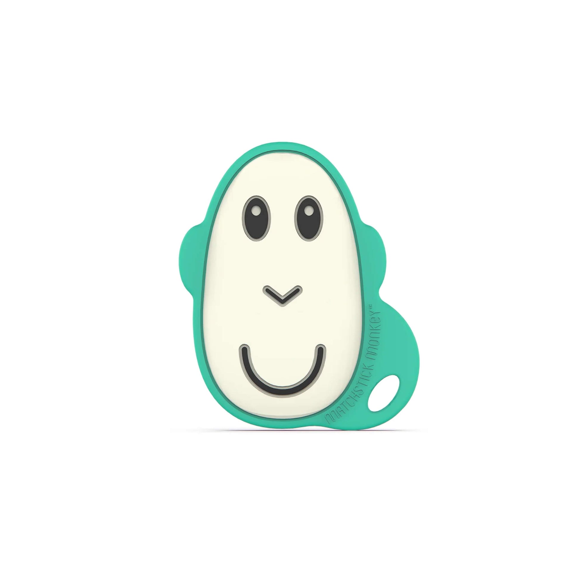 Matchstick Monkey Flat Face Teether Monkey shown as a flat silicone baby teether in a pale cream and teal design.