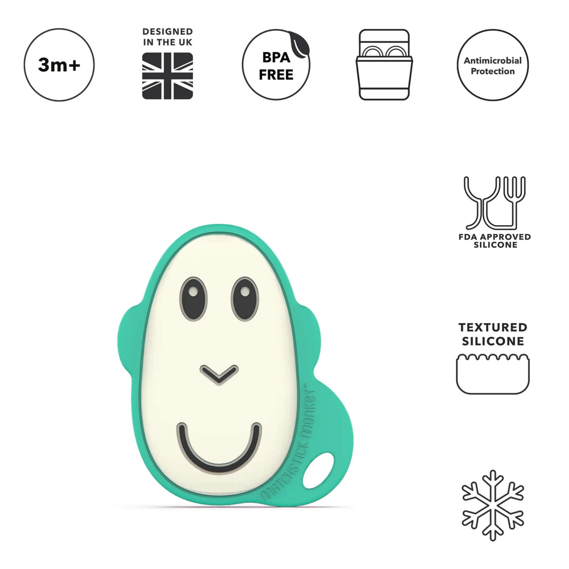 A flat monkey-shaped baby teether with a teal silicone border and a smooth cream centre, shown alongside small icons for age guidance, BPA-free material, antimicrobial protection and textured silicone.