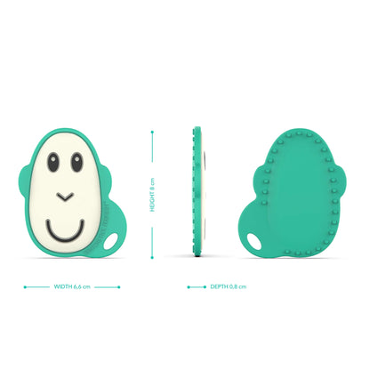 A front, side and rear view of a flat silicone monkey teether, showing its thin profile and raised massage bumps on the back.