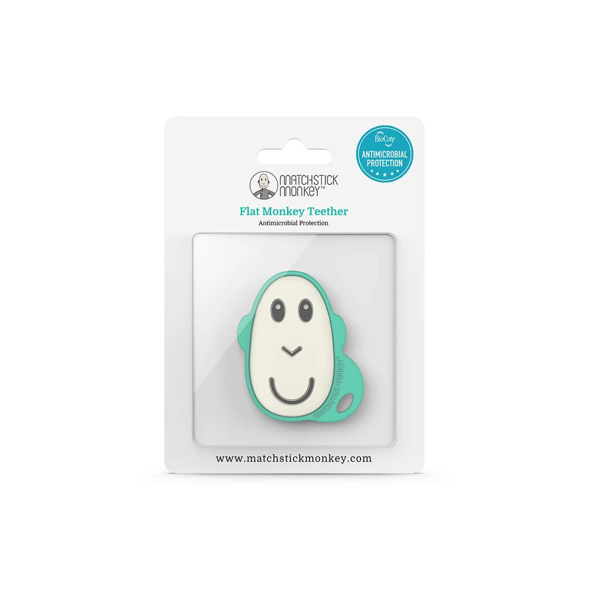 A flat monkey-shaped silicone teether packaged inside a clear blister pack with simple white card backing.