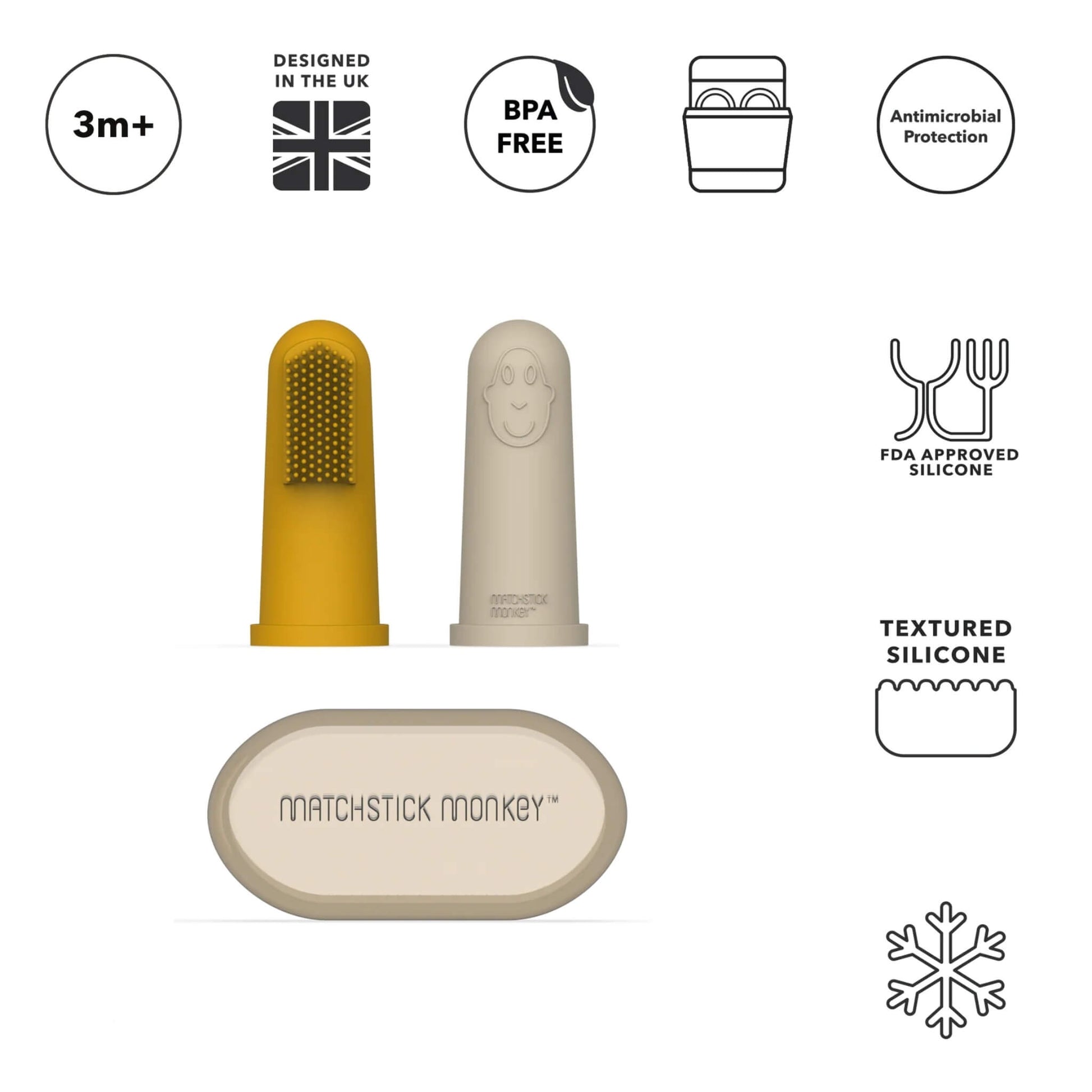 Silicone finger toothbrushes and carry case with feature icons showing 3 months plus suitability, BPA free materials and antimicrobial protection.