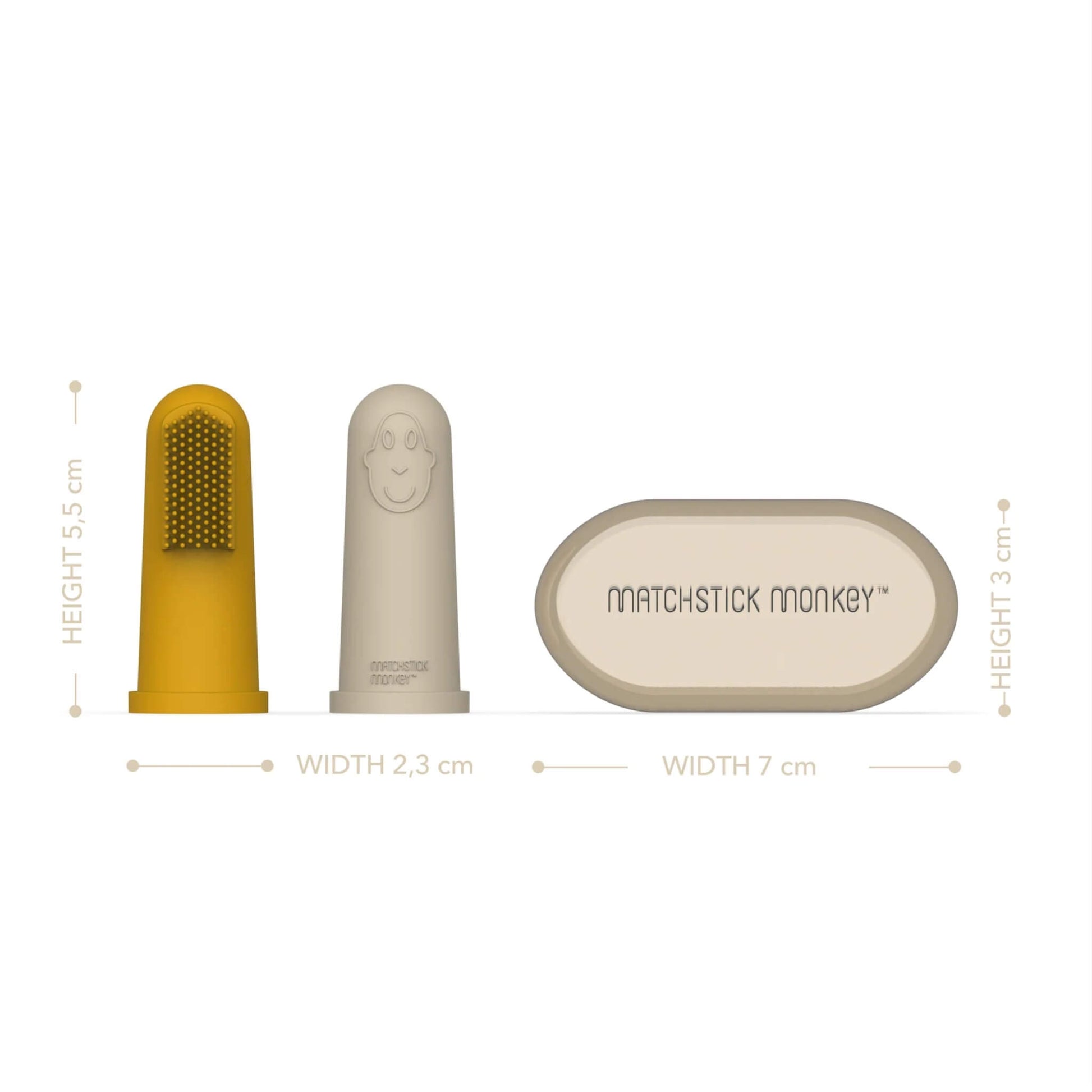 Silicone finger toothbrush set with carry case showing product dimensions and size comparison.