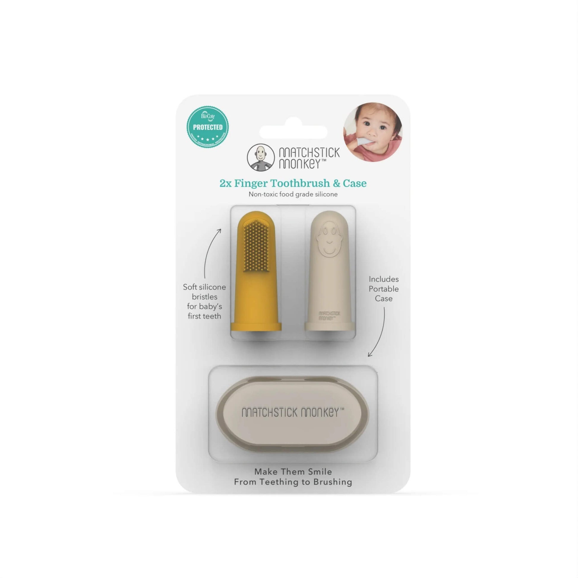 Retail packaging showing two silicone finger toothbrushes and portable carry case.