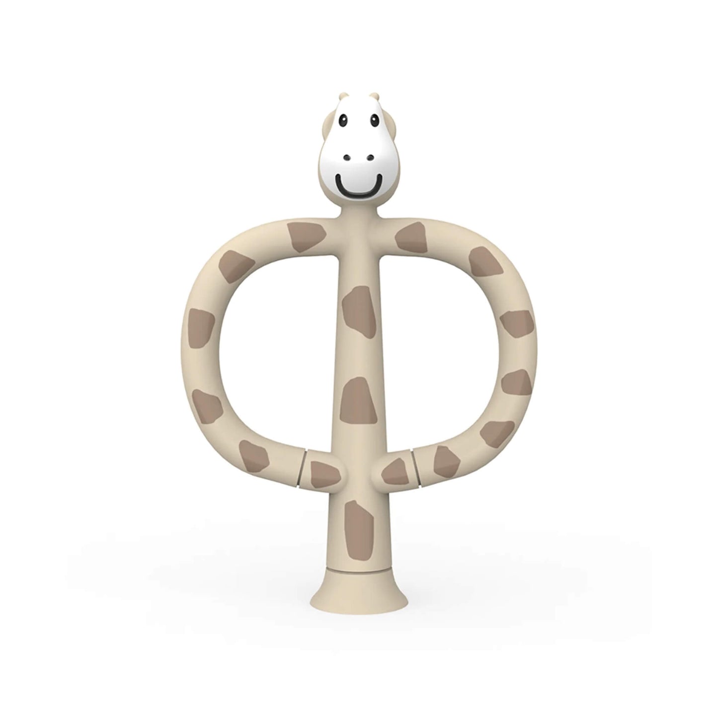 Matchstick Monkey Giraffe Training Toothbrush shown upright with wide looped handles, a smiling giraffe head and soft silicone detailing in a neutral spotted design.