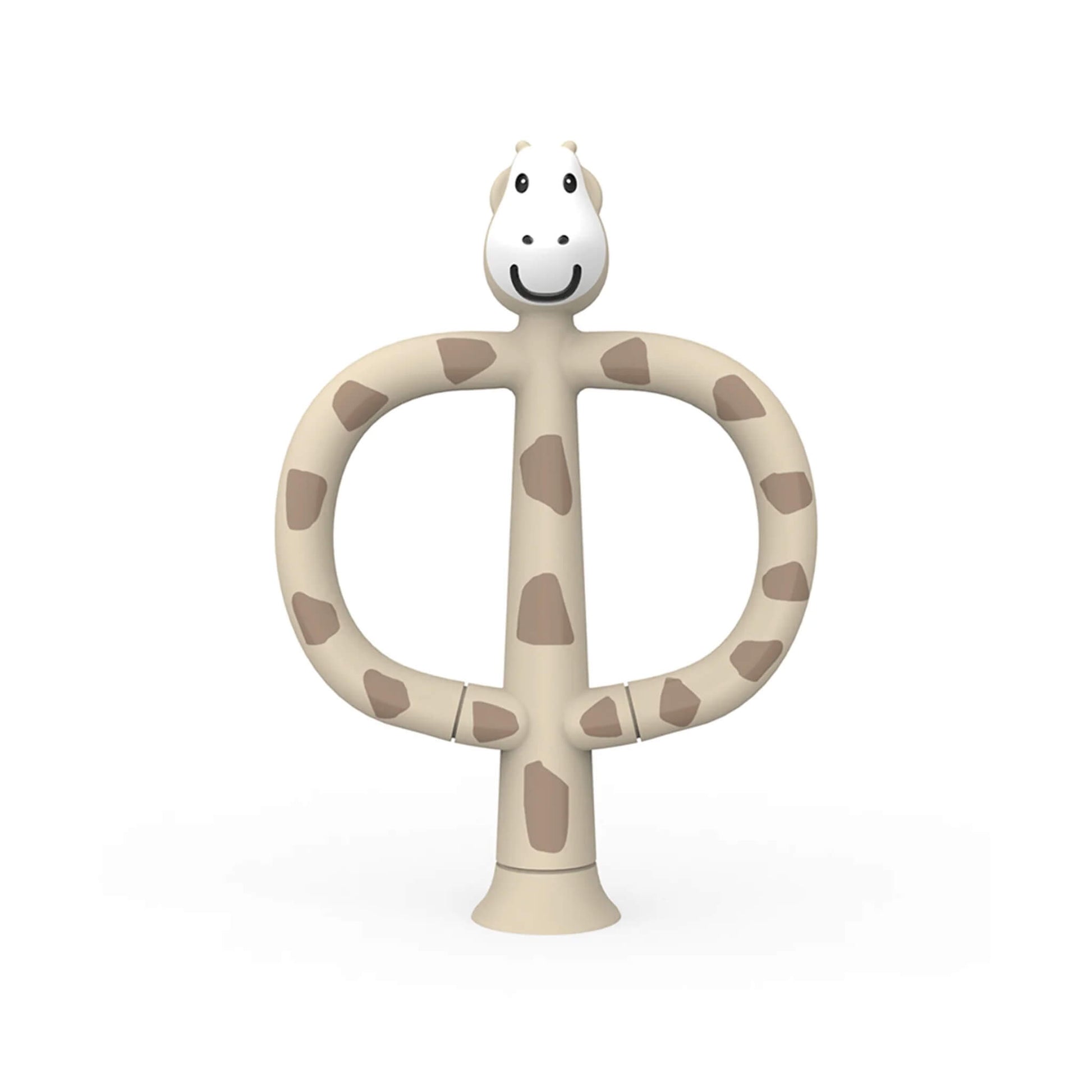 Matchstick Monkey Giraffe Training Toothbrush shown upright with wide looped handles, a smiling giraffe head and soft silicone detailing in a neutral spotted design.