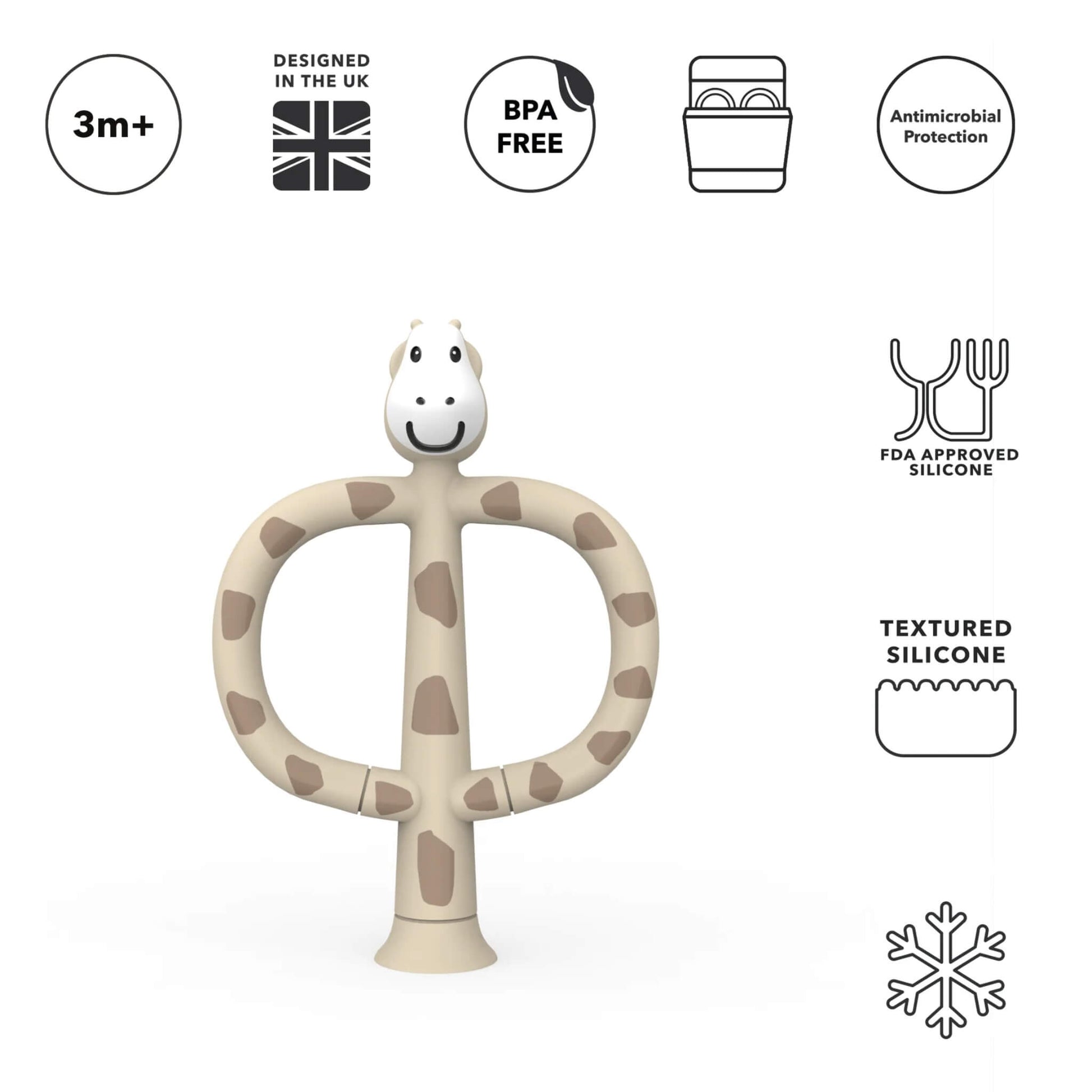 A silicone giraffe-shaped training toothbrush shown beneath icons for age suitability, BPA-free material, antimicrobial protection and dishwasher compatibility.