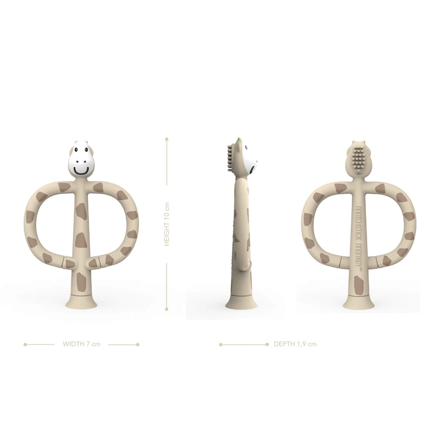 A giraffe-shaped silicone training toothbrush shown from the front, side and back with measurements for height, width and depth.