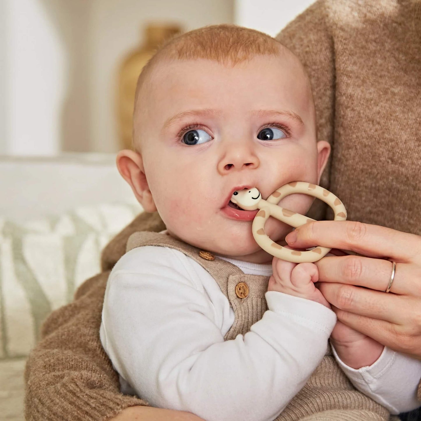 A baby sitting in an adult’s arms holding a giraffe-shaped silicone toothbrush, with the adult guiding the handle while the baby chews on the soft head.