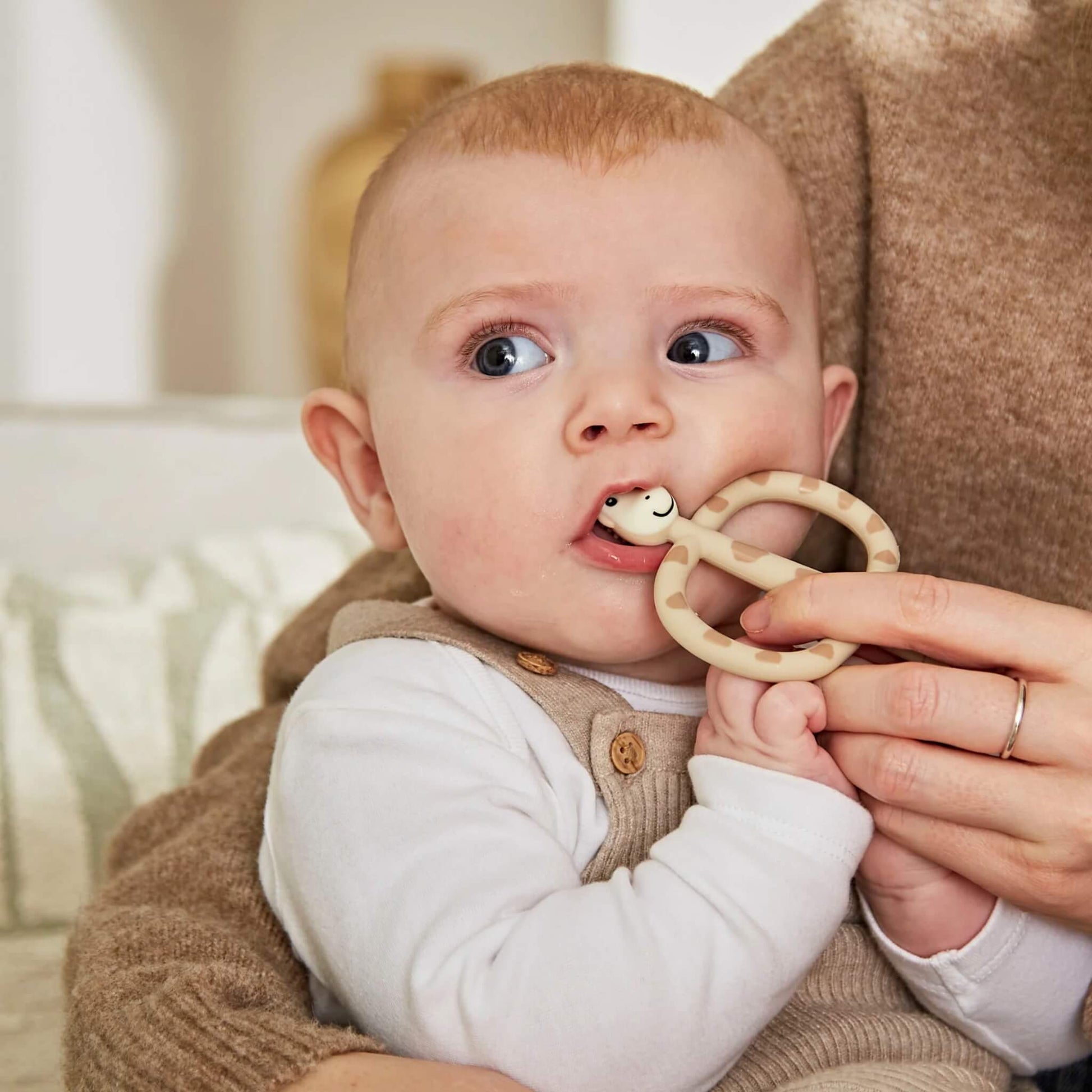 A baby sitting in an adult’s arms holding a giraffe-shaped silicone toothbrush, with the adult guiding the handle while the baby chews on the soft head.