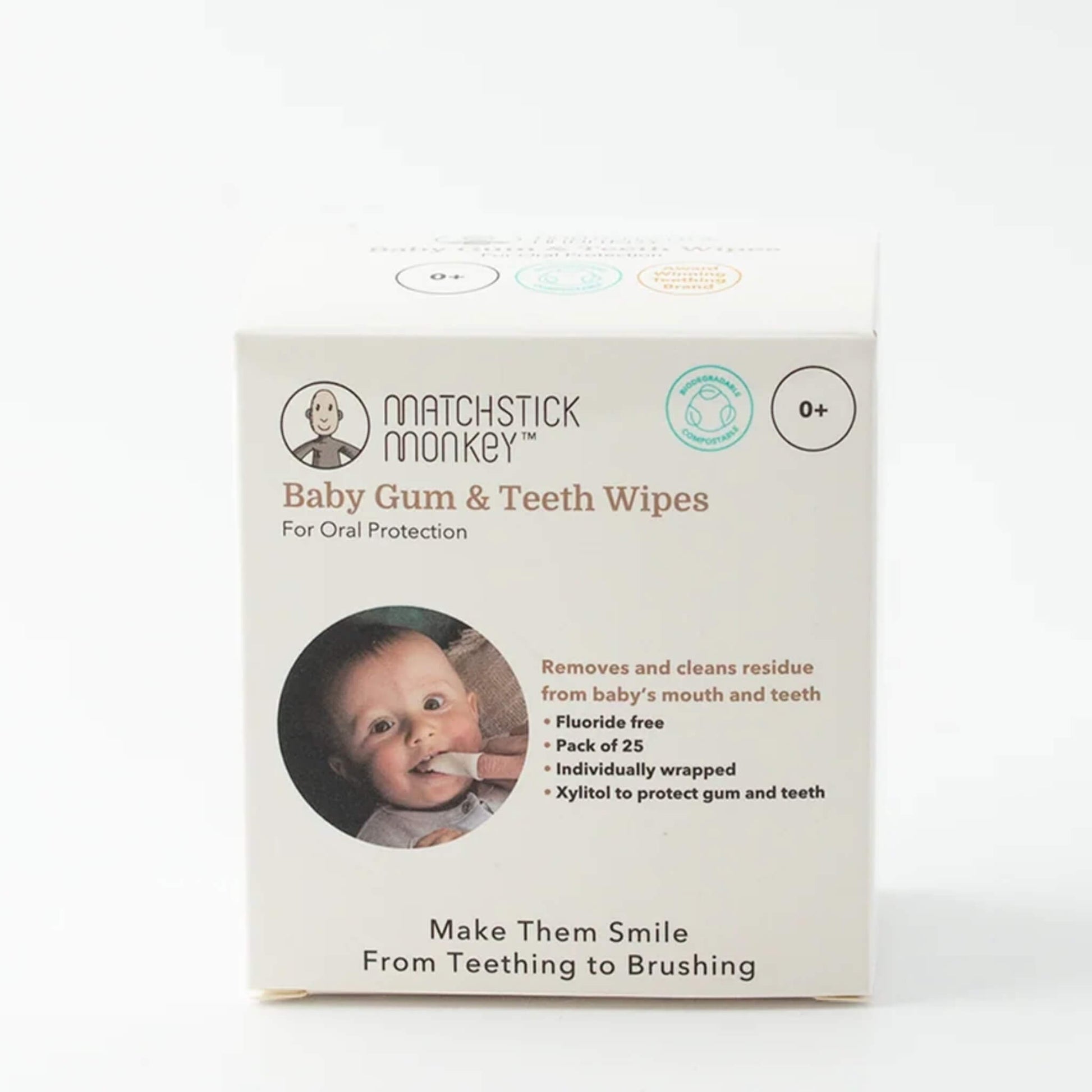 Matchstick Monkey Baby Gum and Teeth Wipes box for infant oral care, pack of 25 individually wrapped wipes designed to clean baby gums and first teeth.