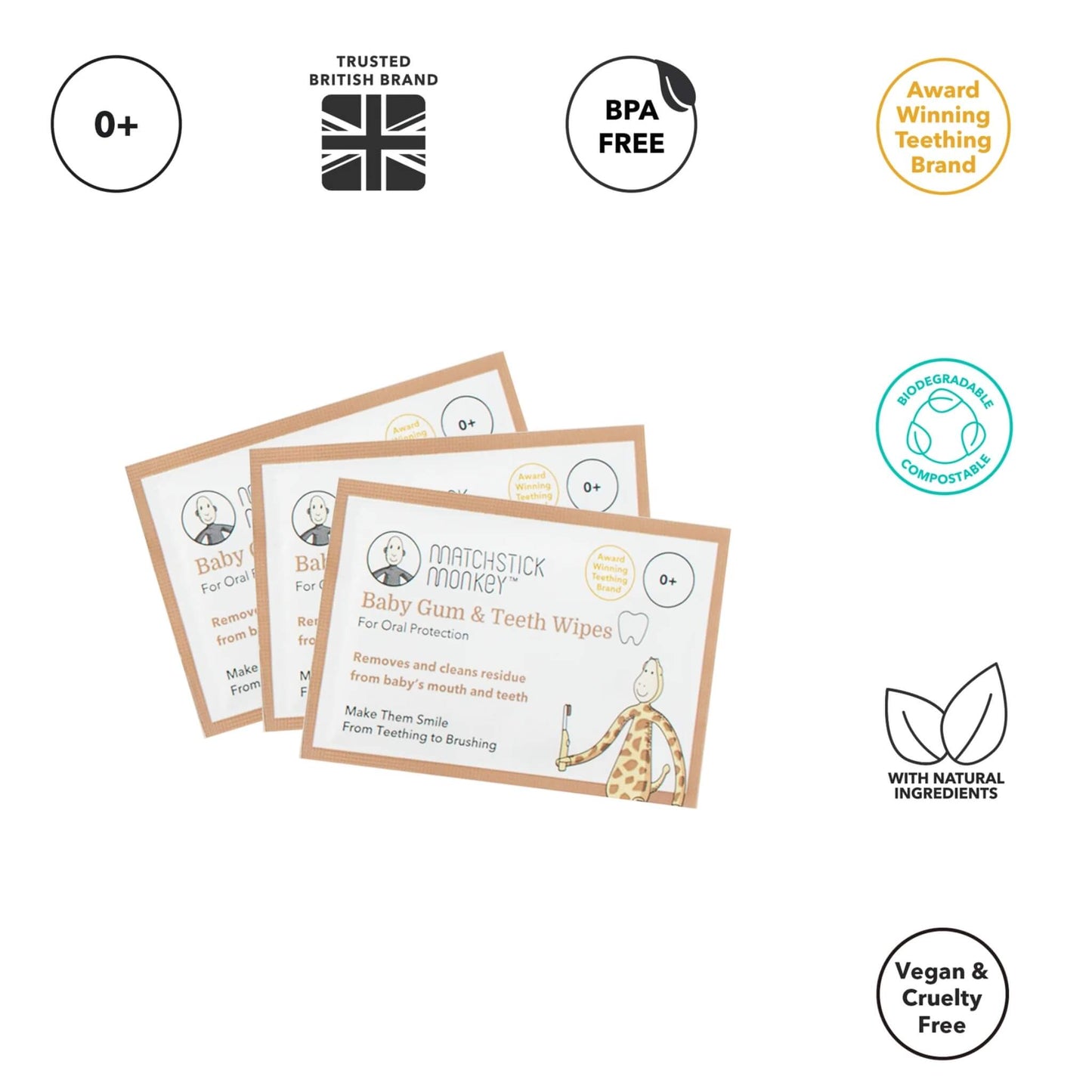 3 individually wrapped baby oral wipes displayed with icons showing newborn suitability, BPA-free formula, biodegradable materials and natural ingredients.