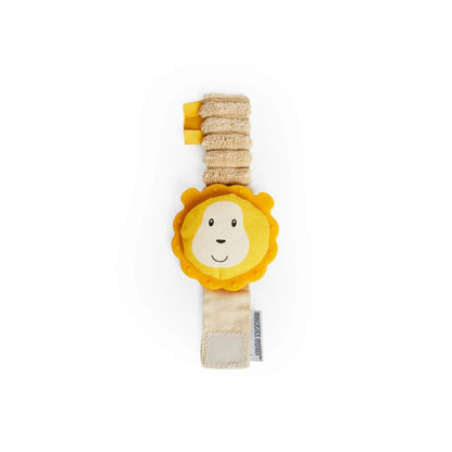 Matchstick Monkey Ludo Lion Wrist Teether is shown with its soft fabric strap, textured silicone lion face and small ribbon tags, designed as a wearable teether for babies.
