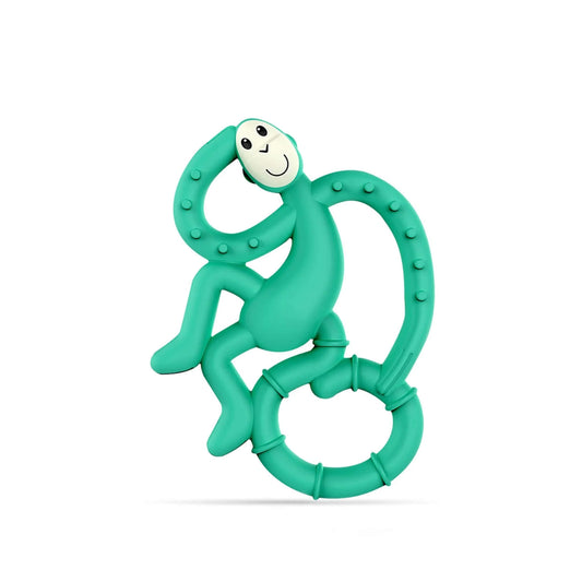 Matchstick Monkey Mini Monkey Teether is shown in a bright green colour with a looped tail, textured bumps on the arms and a smiling character face.