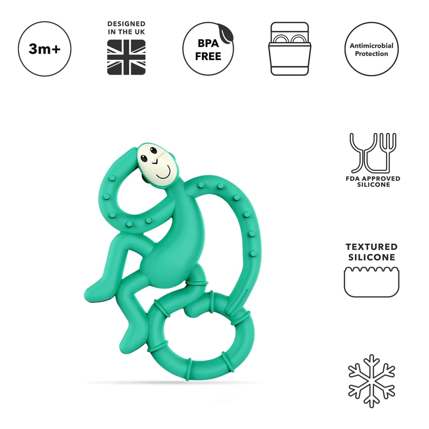 A green silicone teether shaped like a small monkey is shown upright with a curved tail, textured bumps and smooth limbs, placed against a white background beside icons for age and safety features.
