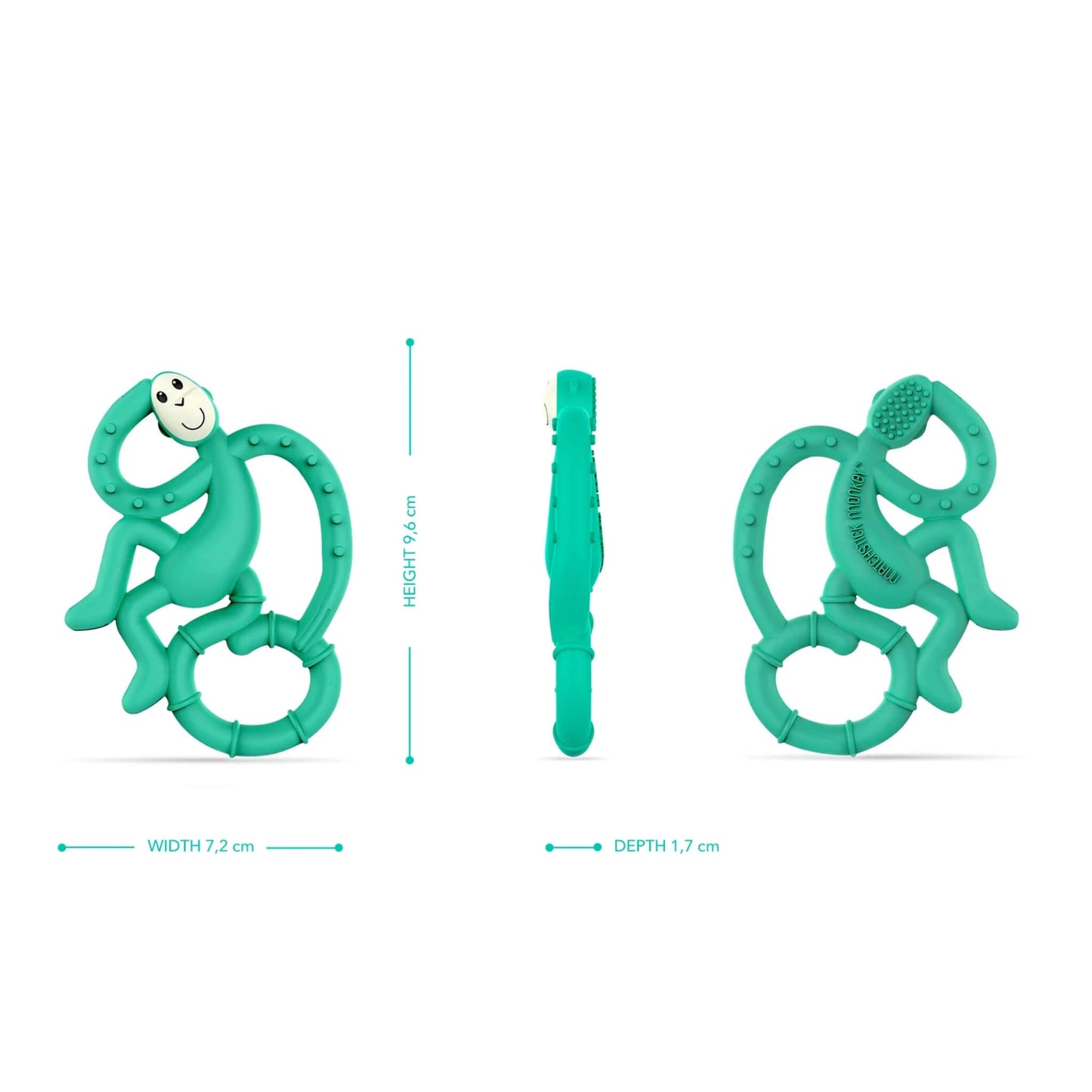A green monkey-shaped teether is displayed from the front, side and back to show its height, slim depth and the raised textured panel on the back of the head.
