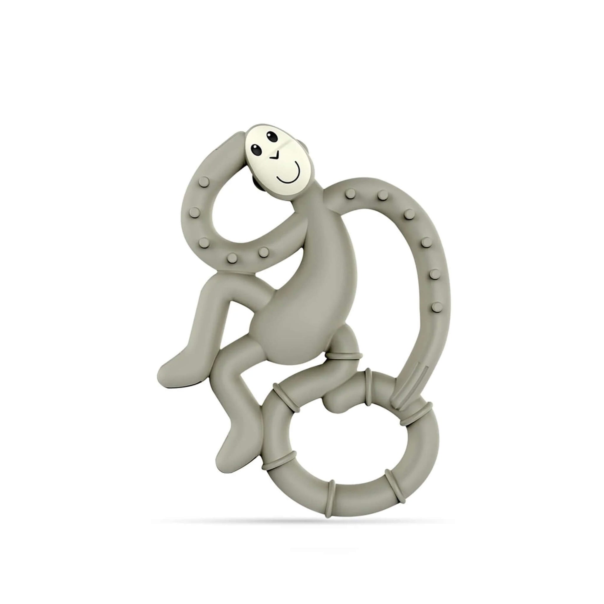 A Matchstick Monkey Mini Monkey Teether in grey, shown upright on a plain background with its textured tail loop and easy-grip ring clearly visible.