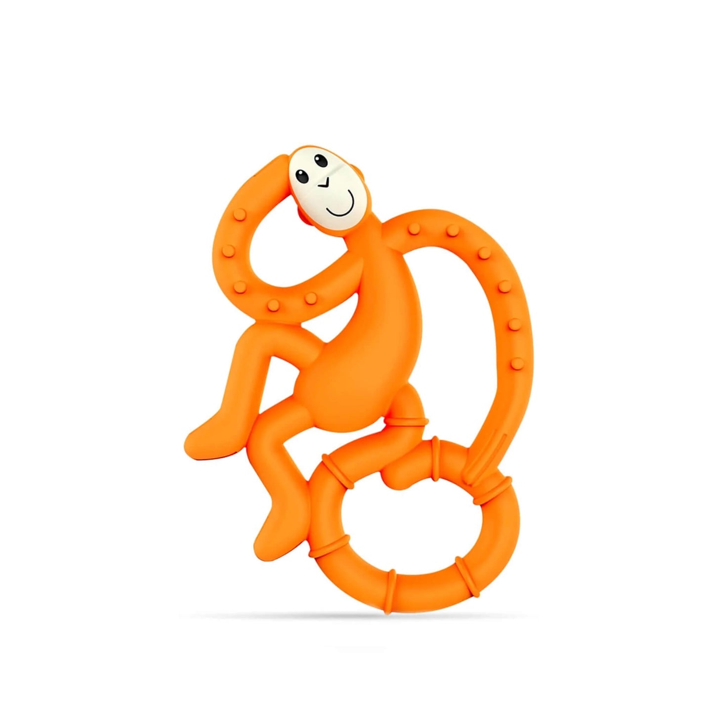 A Matchstick Monkey Mini Monkey Teether in orange, shown upright on a plain background with its textured tail loop and easy-grip ring clearly visible.