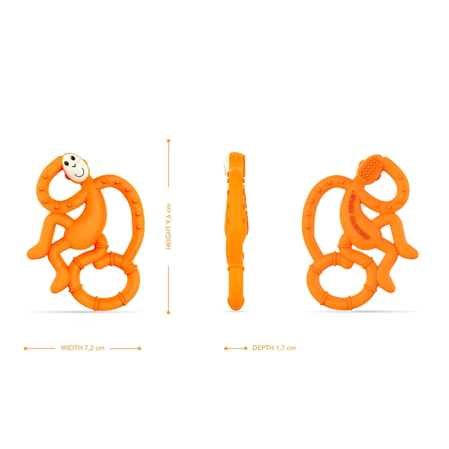 An orange baby teether shown from the front, side and back, with measurement indicators displaying its height, width and depth.