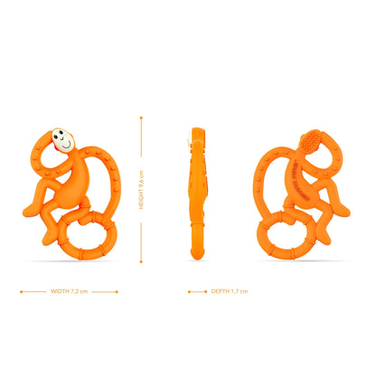 An orange baby teether shown from the front, side and back, with measurement indicators displaying its height, width and depth.