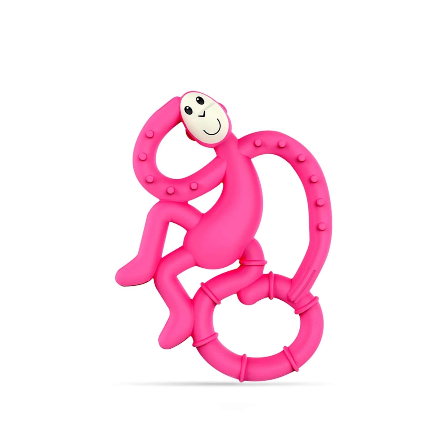 A Matchstick Monkey Mini Monkey Teether in pink, shown upright on a plain background with its textured tail loop and easy-grip ring clearly visible