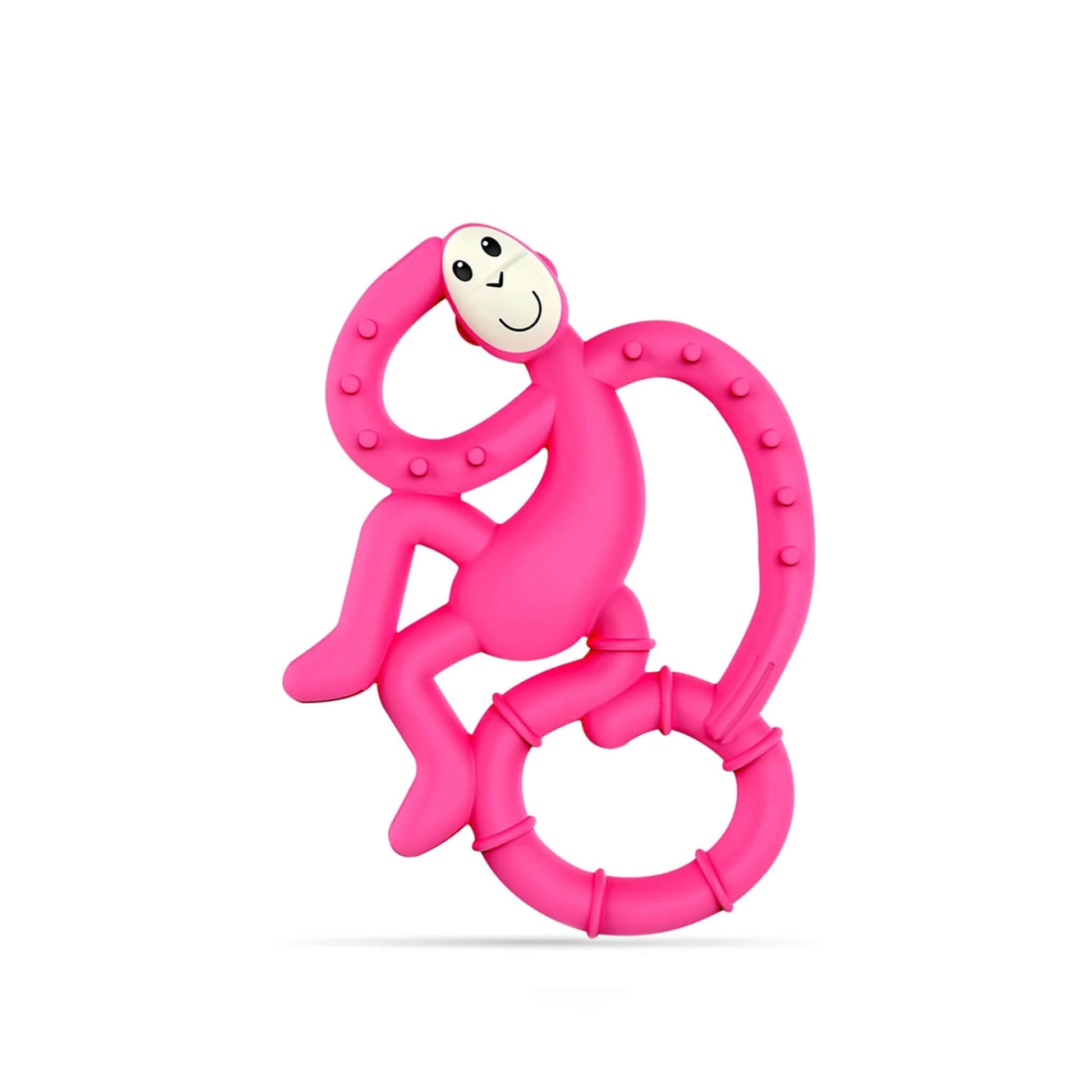 A Matchstick Monkey Mini Monkey Teether in pink, shown upright on a plain background with its textured tail loop and easy-grip ring clearly visible