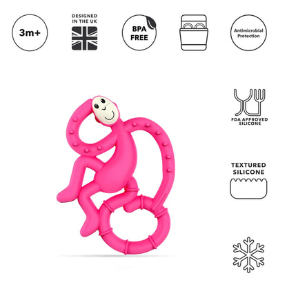A pink silicone monkey-shaped teether shown beneath a row of icons indicating BPA free, antimicrobial protection, dishwasher safe design and textured surfaces.