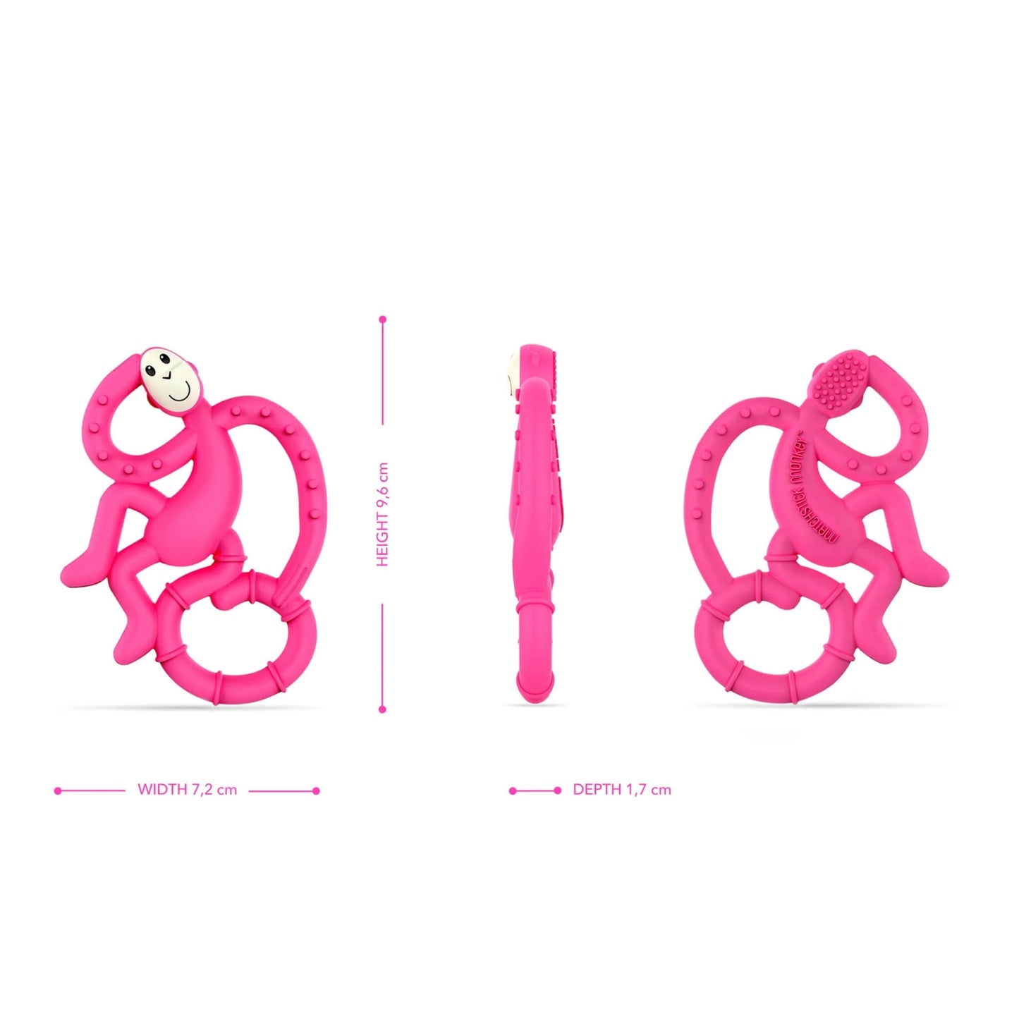 A pink baby silicone teether shown from the front, side and back, with measurement indicators displaying its height, width and depth.